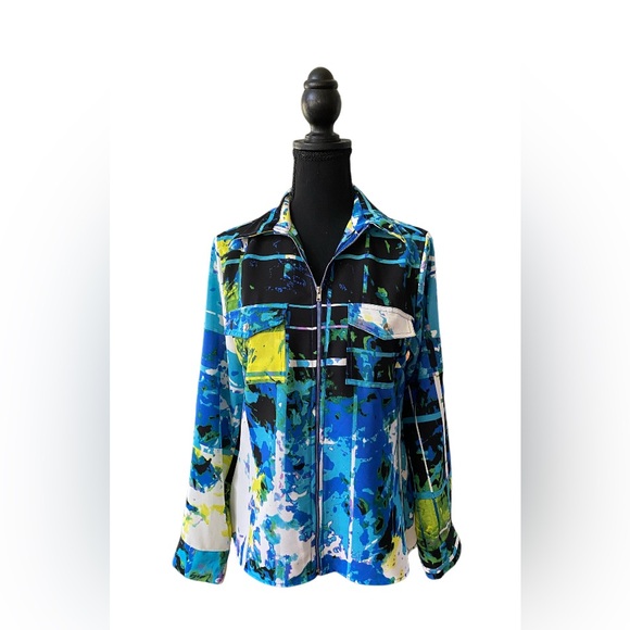 Tracy M Jackets & Blazers - Tracy M: Vibrant Abstract Zip-Up Jacket Shirt with Two Snap Button Front Pockets